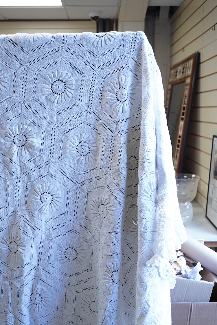 Two ornate French hand crochet bed covers